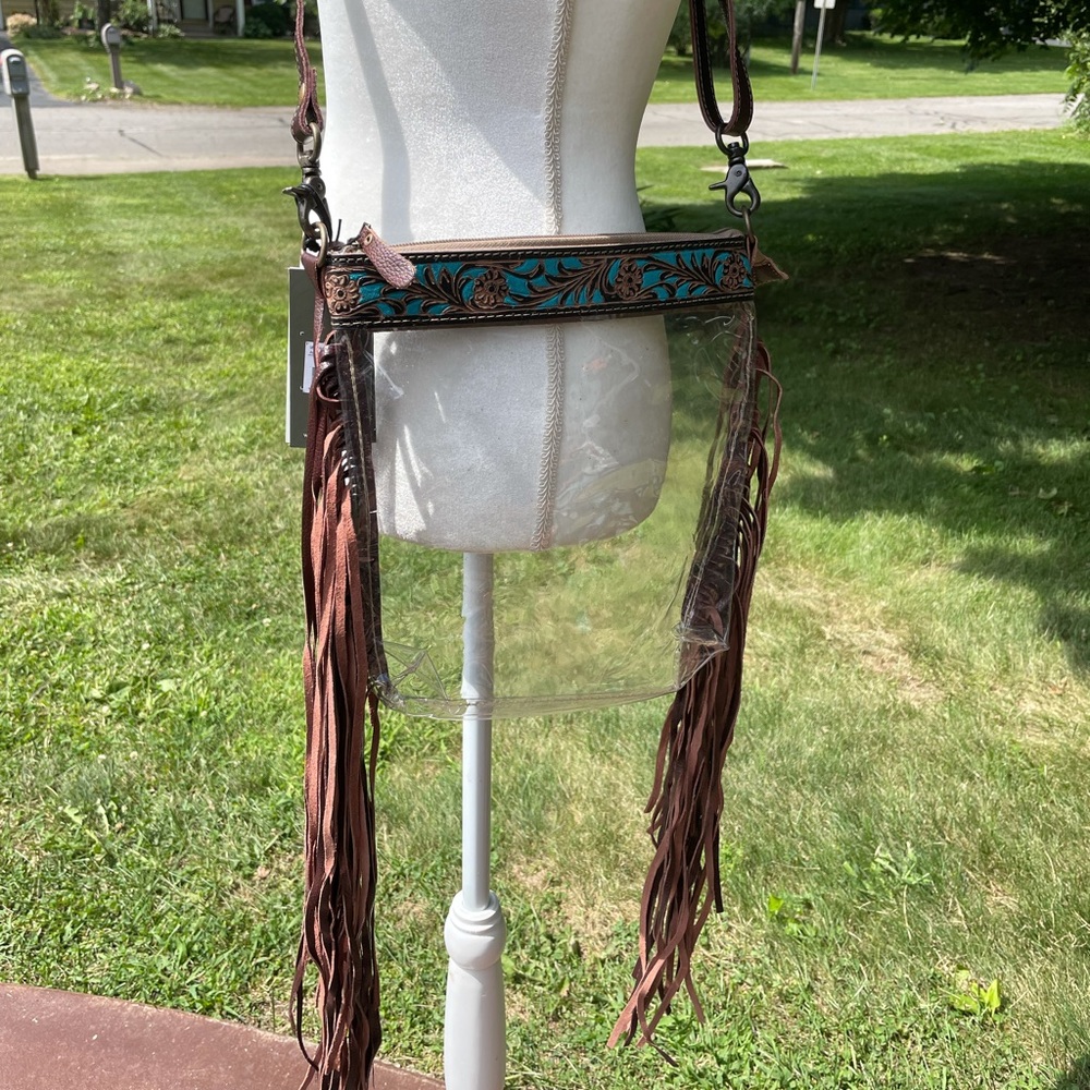 NWT Clear Crossbody Handpainted Hand Tooled Leather Gorgeous Western Fringe Bag